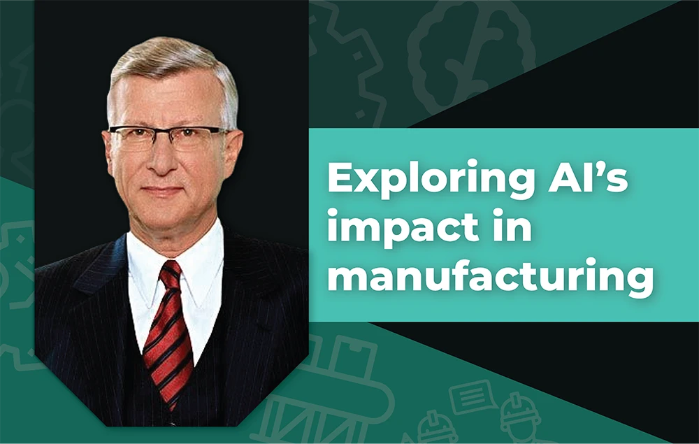 Blog cover featuring a professional portrait of a man in a suit with the title "Exploring AI’s Impact in Manufacturing".