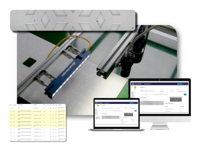 Zetamotion inspection dashboard showing defect detection results with a close-up of the inspection hardware and scanned material sample.
