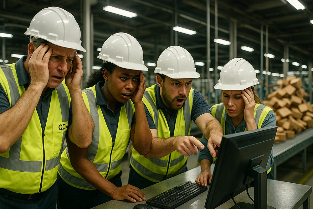 Manufacturing quality control workers stressed over automated vision inspection errors on a production line.