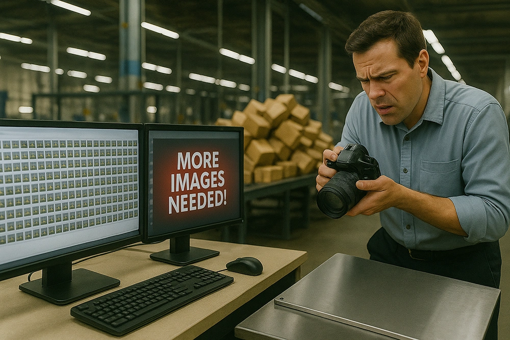 Factory engineer struggling to capture more defect images for machine vision system training, with monitor displaying ‘More Images Needed’ message.