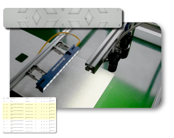 Zetamotion inspection dashboard showing defect detection results with a close-up of the inspection hardware and scanned material sample.